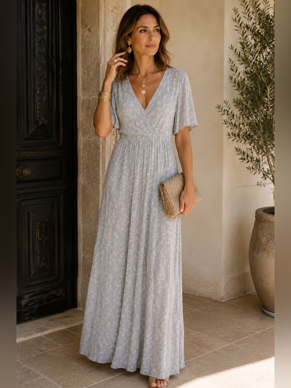 Elegant Gray Floral Dress